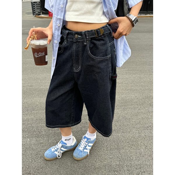 Unisex Retro American Denim 7-Point Wide-Leg Shorts - Trendy Loose Fit Summer Streetwear for a Casual Look