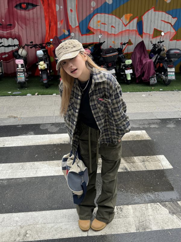 Unisex Retro Color-Block Brushed Plaid Long Sleeve Shirt Jacket - American Style Loose Fit for Summer Couples