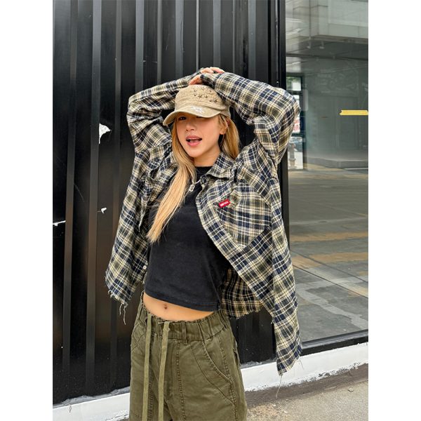 Unisex Retro Color-Block Brushed Plaid Long Sleeve Shirt Jacket - American Style Loose Fit for Summer Couples