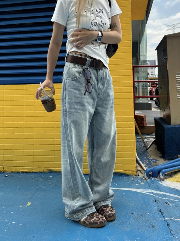 Unisex Retro Washed Distressed Straight Loose Denim Pants - Street Style Wide-Leg Ripped Casual Long Jeans