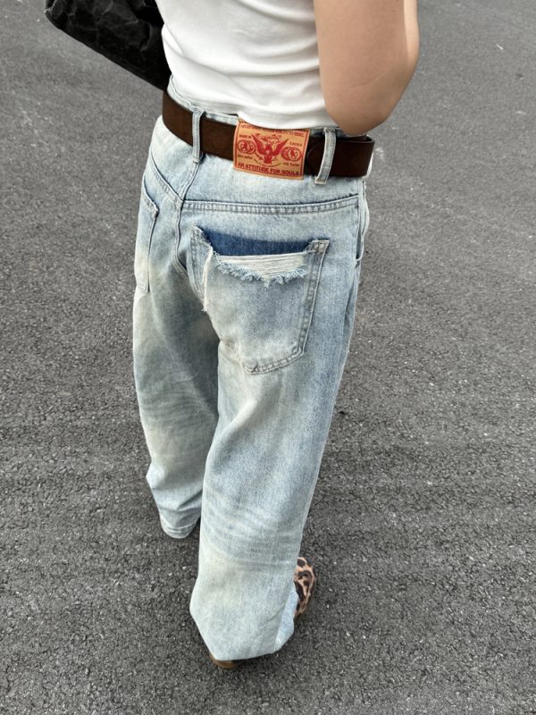 Unisex Retro Washed Distressed Straight Loose Denim Pants - Street Style Wide-Leg Ripped Casual Long Jeans