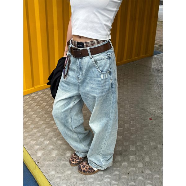 Unisex Retro Washed Distressed Straight Loose Denim Pants - Street Style Wide-Leg Ripped Casual Long Jeans