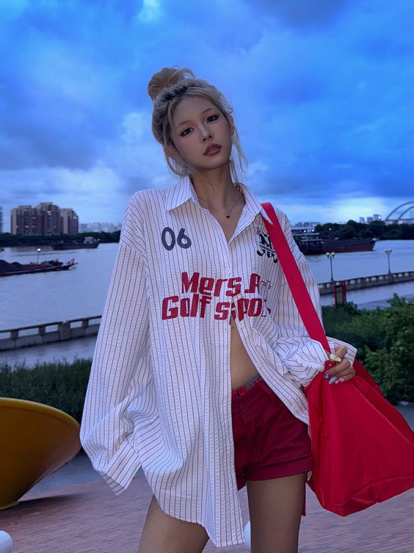 Unisex Striped Sun Protection Shirt with American Letter Print - Casual Loose Fit Summer Jacket