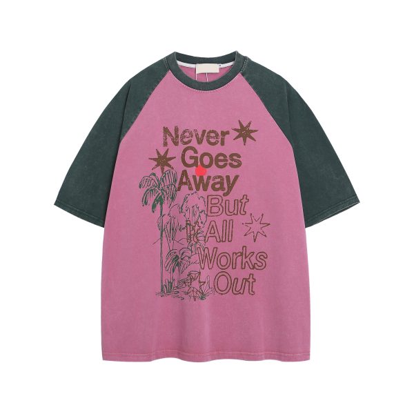 Unisex Summer Washed Letter Print Raglan T-Shirt, Casual Loose Fit Top, 90s American Style Short Sleeve Tee for Men and Women