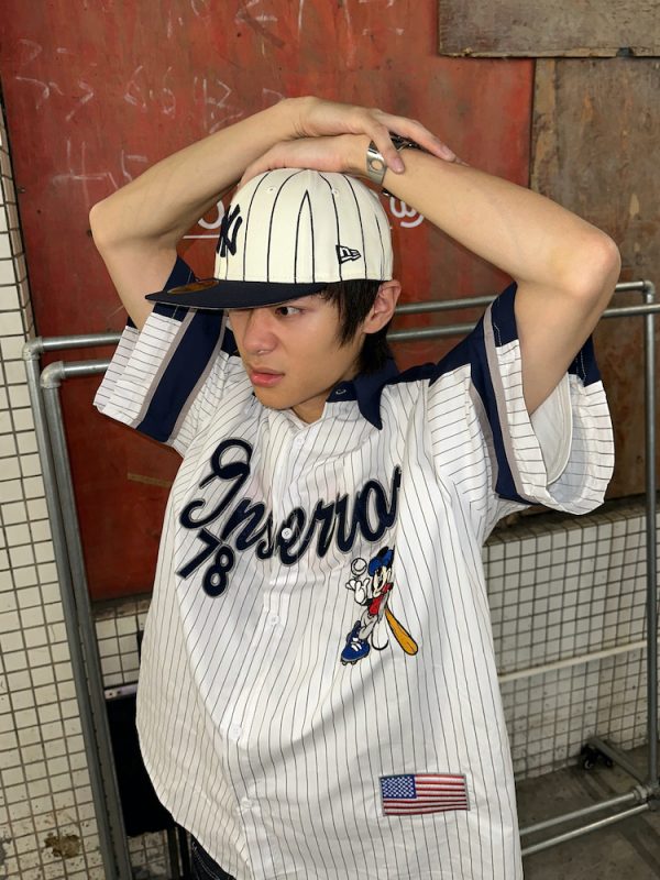 Unisex Vertical Striped Short Sleeve Shirt with Cartoon Embroidery, Color-Blocking, College Style, Baseball Inspired, Casual Fashion