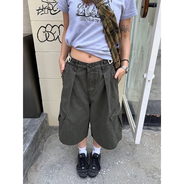 Unisex Vintage Distressed Work Shorts - American Style, Adjustable, Multi-Pocket, Summer Essential, 90s Inspired Fashion