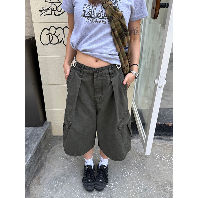 Unisex Vintage Distressed Work Shorts - American Style, Adjustable, Multi-Pocket, Summer Essential, 90s Inspired Fashion