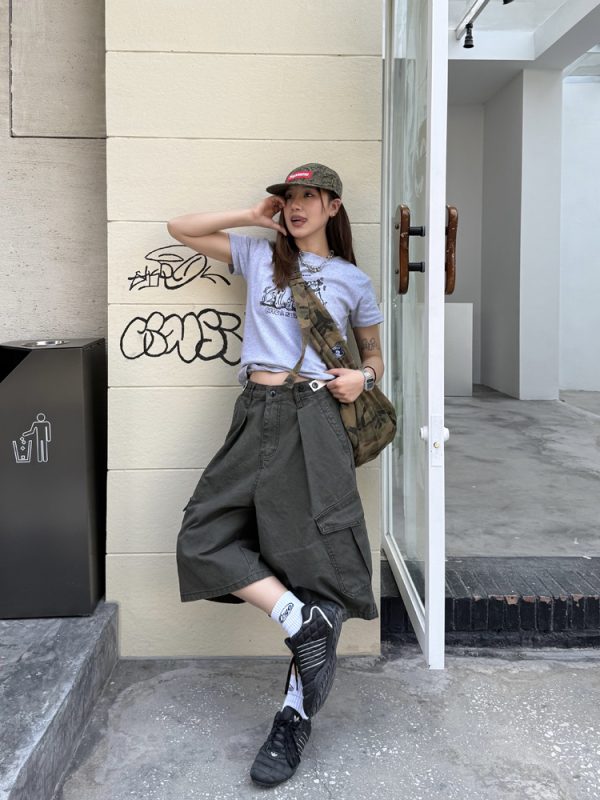 Unisex Vintage Distressed Work Shorts - American Style, Adjustable, Multi-Pocket, Summer Essential, 90s Inspired Fashion