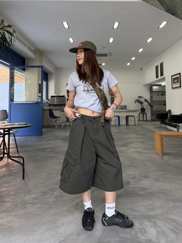 Unisex Vintage Distressed Work Shorts - American Style, Adjustable, Multi-Pocket, Summer Essential, 90s Inspired Fashion