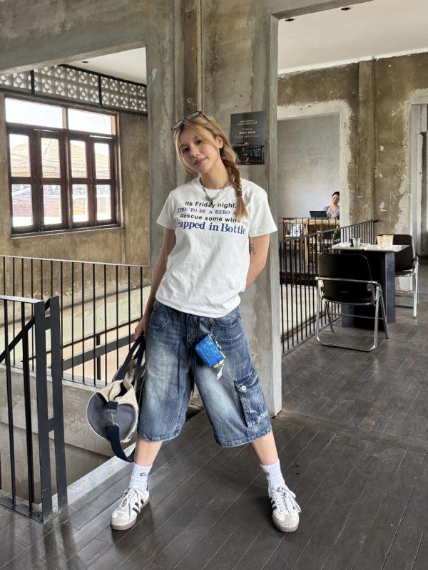 Unisex Vintage Street Style Multi-Pocket Denim Capri Pants - Summer Thin American Washed Loose Fit