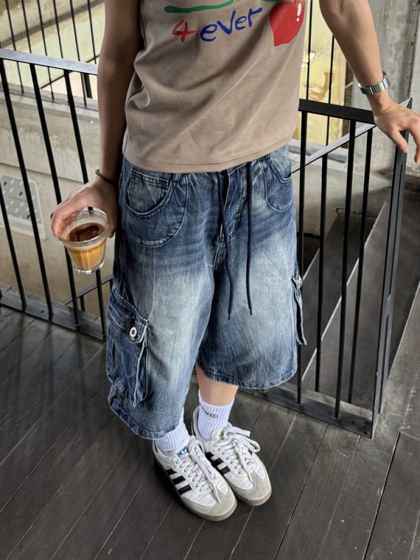 Unisex Vintage Street Style Multi-Pocket Denim Capri Pants - Summer Thin American Washed Loose Fit