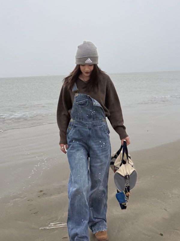 Unisex Water-Washed Denim Overalls - Retro Loose Straight-Leg Design for Men and Women, Street Style Bamboo Joint Spray Ink