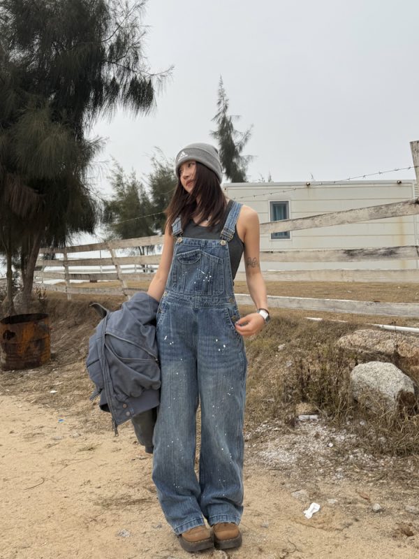 Unisex Water-Washed Denim Overalls - Retro Loose Straight-Leg Design for Men and Women, Street Style Bamboo Joint Spray Ink