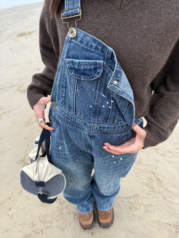 Unisex Water-Washed Denim Overalls - Retro Loose Straight-Leg Design for Men and Women, Street Style Bamboo Joint Spray Ink