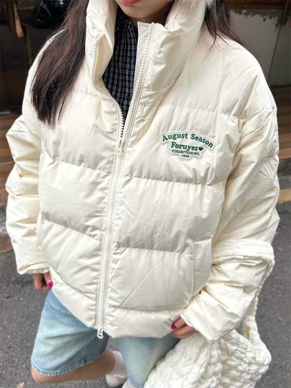 Unisex White Duck Down Jacket with Embroidered Slogan, Stand Collar, Loose Fit - Trendy Winter Coat for Men and Women