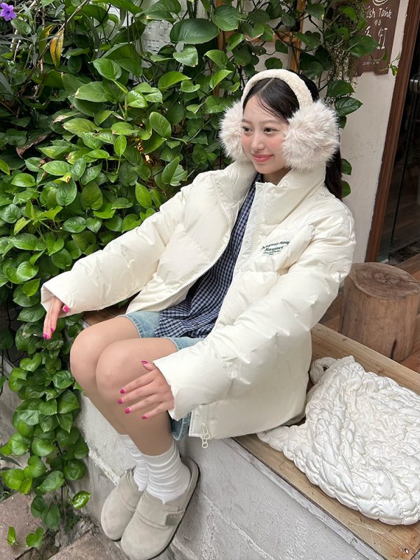 Unisex White Duck Down Jacket with Embroidered Slogan, Stand Collar, Loose Fit - Trendy Winter Coat for Men and Women
