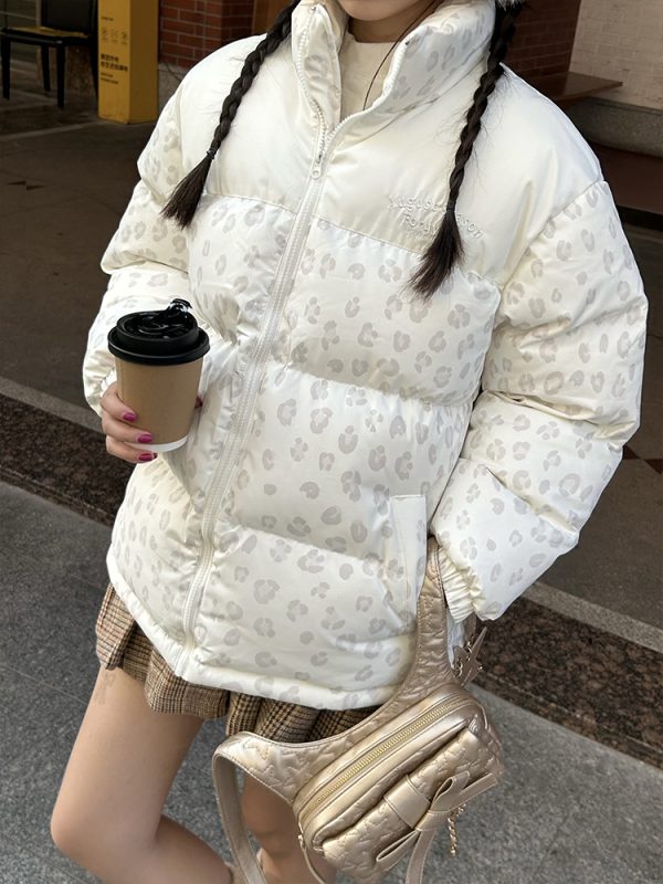 Unisex Winter Thick Cotton Jacket with Leopard Print Splicing and Slogan Embroidery - Trendy National Style Outerwear