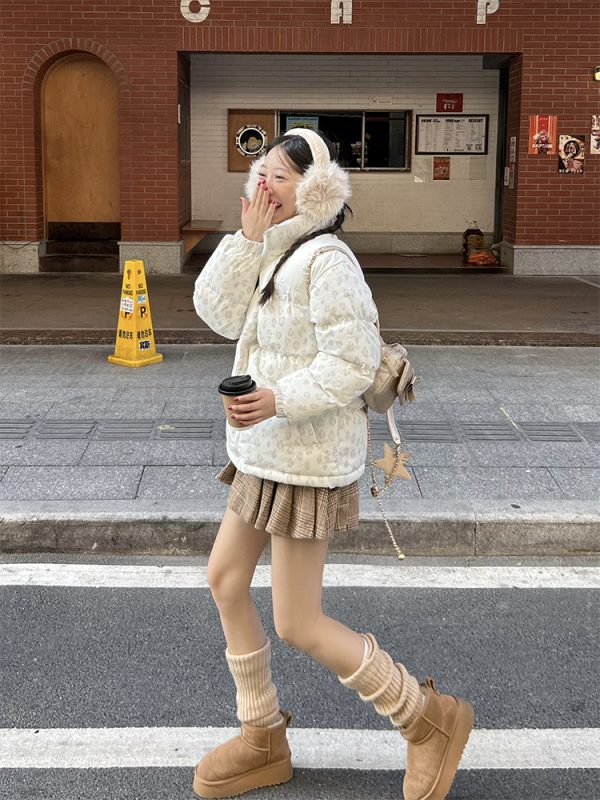 Unisex Winter Thick Cotton Jacket with Leopard Print Splicing and Slogan Embroidery - Trendy National Style Outerwear