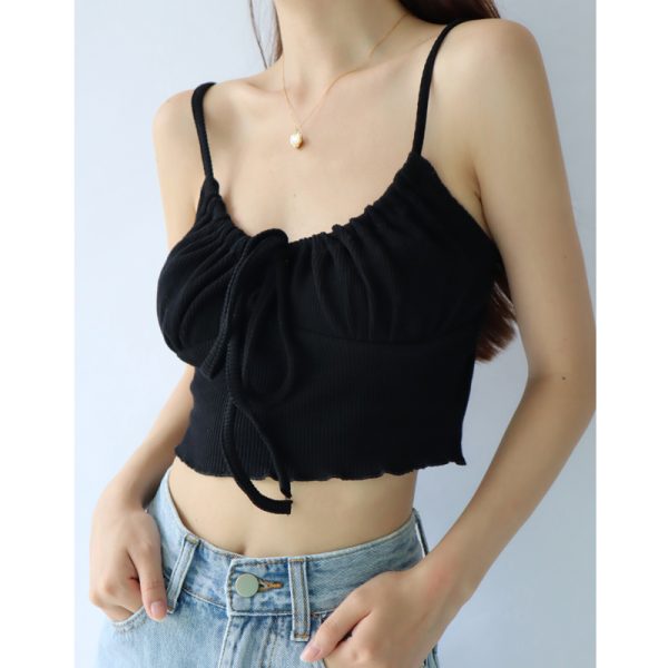 V-Neck Front Tie Solid Color Camisole for Women, High-Waisted Cropped Top, Summer Fashion, European American Style, Long Leg Showoff