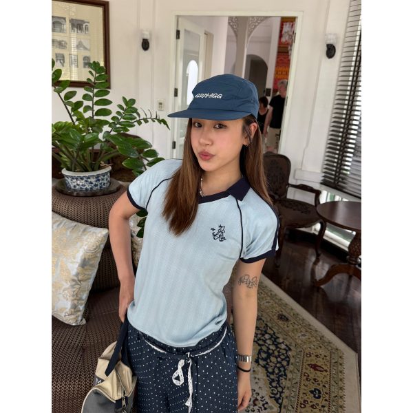 V-Neck Knitted Polo Collar Raglan T-Shirt Top for Women - Summer Casual Street Style, Cool and Comfortable for Hot Girls