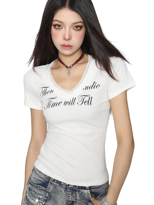 V-neck Lace-Trimmed Letter Short-Sleeve Cropped T-Shirt for Women - Summer Slim-Fit American Style 90s Trendy Top