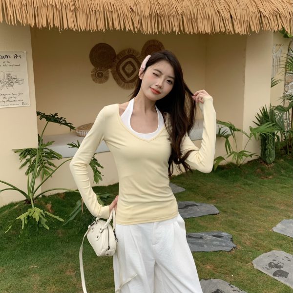 V-neck Long Sleeve Cover-up Halter Tank Top Set - Summer Sun Protection Women's 2-Piece Outfit - Casual Beach Style