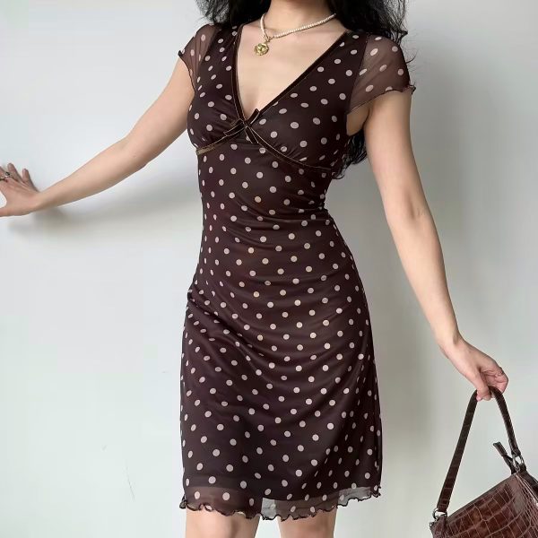 V-Neck Polka Dot Short Sleeve Dress for Women - Slim A-Line Waist-Cinching Sexy Skirt, European American Style, Y2K Fashion