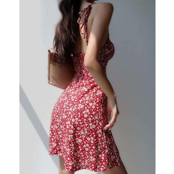 V-neck Red Floral Spaghetti Strap Dress - Vintage Slim Fit Waist-Tie Short Vacation Dress in French Style