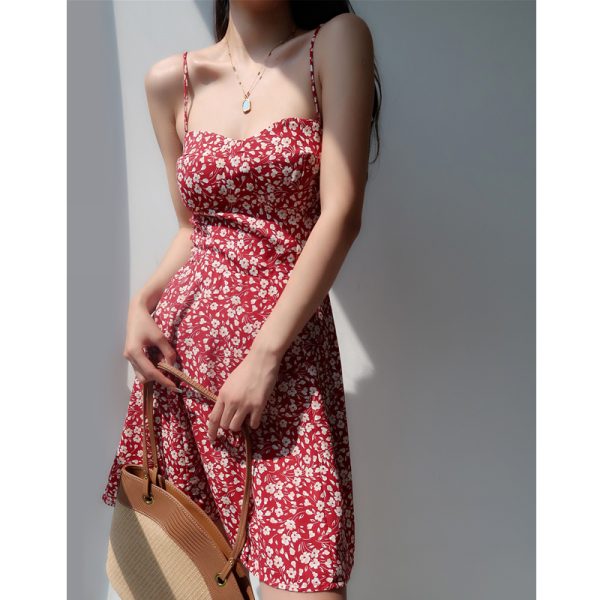 V-neck Red Floral Spaghetti Strap Dress - Vintage Slim Fit Waist-Tie Short Vacation Dress in French Style