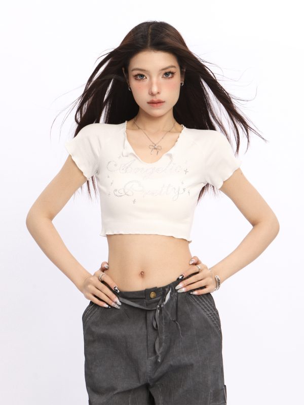 V-Neck Rhinestone Letter Short Sleeve Crop Top for Women - Sweet Spicy Girl Style Slim Fit Summer Tee