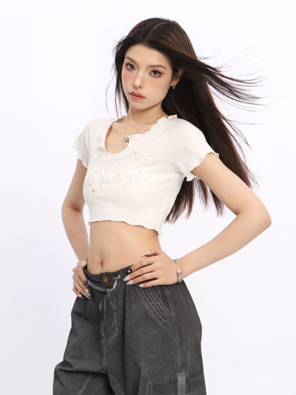 V-Neck Rhinestone Letter Short Sleeve Crop Top for Women - Sweet Spicy Girl Style Slim Fit Summer Tee