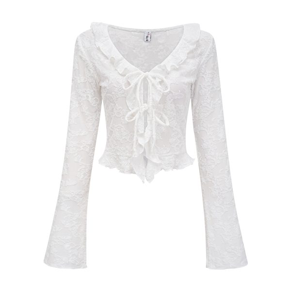 V-neck Ruffled Lace Tie Shirt for Women - Slim Fit Long Sleeve Cardigan - European American Style - Y2K Fashion Top