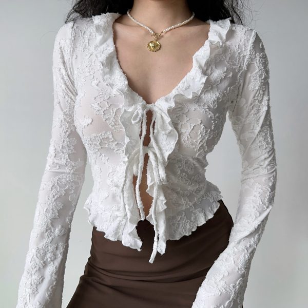 V-neck Ruffled Lace Tie Shirt for Women - Slim Fit Long Sleeve Cardigan - European American Style - Y2K Fashion Top