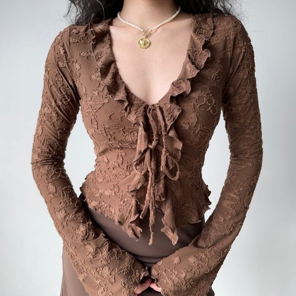 V-neck Ruffled Lace Tie Shirt for Women - Slim Fit Long Sleeve Cardigan - European American Style - Y2K Fashion Top