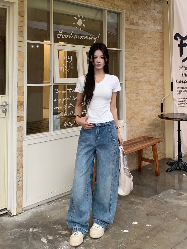 V-Neck Short Sleeve T-Shirt for Women - American Vintage Slim Fit Top - 2025 Summer Essential - Casual 90s Style Base Layer