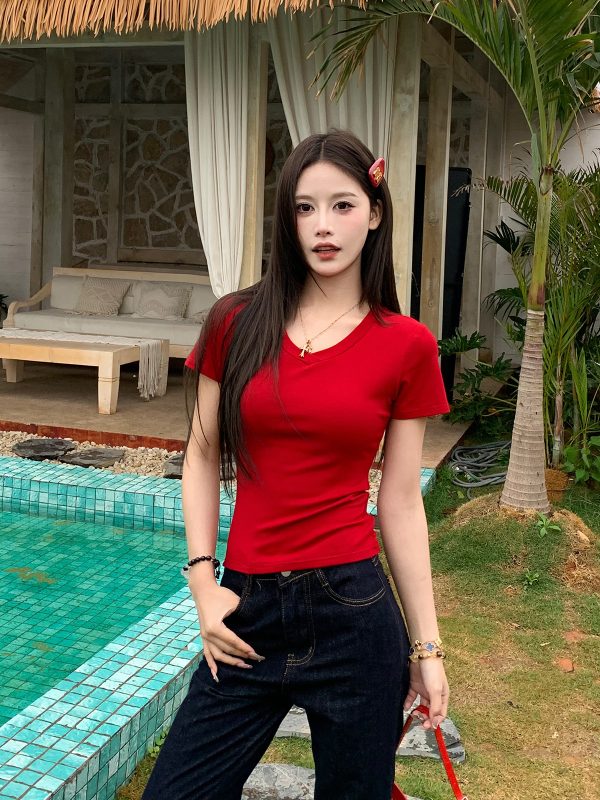 V-Neck Short Sleeve T-Shirt for Women - American Vintage Slim Fit Top - 2025 Summer Essential - Casual 90s Style Base Layer