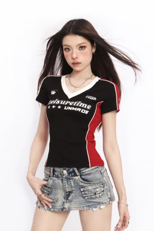 V-Neck Shoulder-Structured Short Sleeve T-Shirt for Women - Summer Y2K Slim-Fit Spicy Girl Blokette Style Top