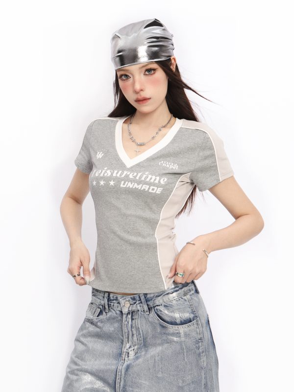 V-Neck Shoulder-Structured Short Sleeve T-Shirt for Women - Summer Y2K Slim-Fit Spicy Girl Blokette Style Top