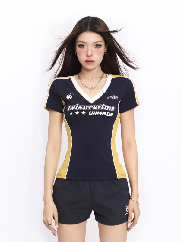 V-Neck Shoulder-Structured Short Sleeve T-Shirt for Women - Summer Y2K Slim-Fit Spicy Girl Blokette Style Top