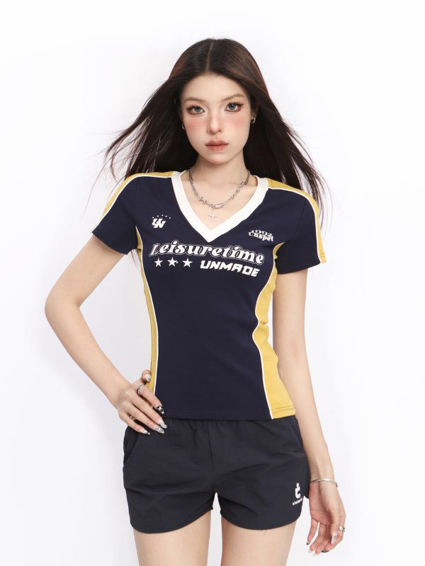 V-Neck Shoulder-Structured Short Sleeve T-Shirt for Women - Summer Y2K Slim-Fit Spicy Girl Blokette Style Top