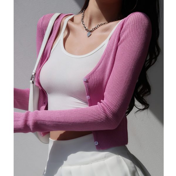 V-Neck Slim-Fit Short Knitted Cardigan for Women - Stylish Summer Long Sleeve Lightweight Top for Air Conditioning & Sun Protection