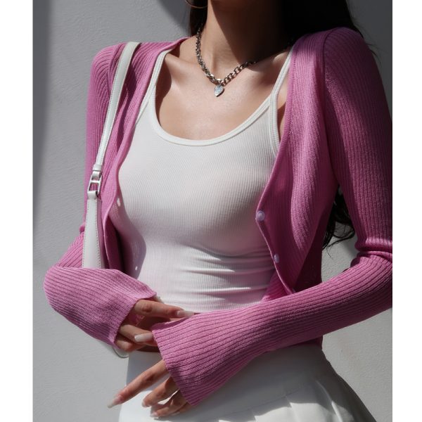 V-Neck Slim-Fit Short Knitted Cardigan for Women - Stylish Summer Long Sleeve Lightweight Top for Air Conditioning & Sun Protection