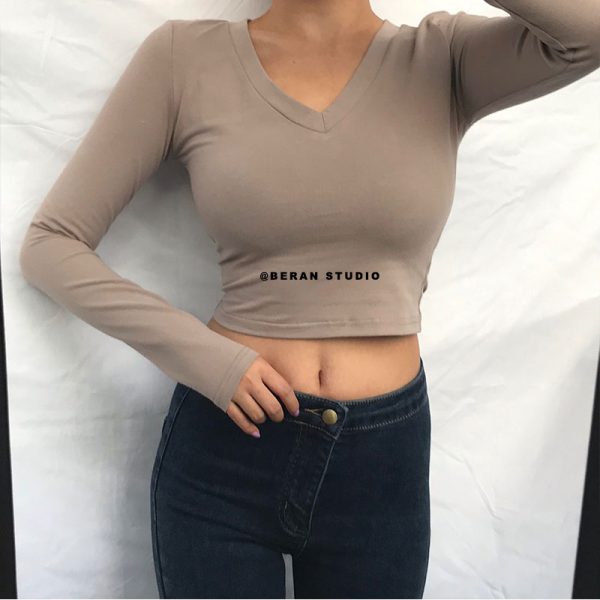 V-Neck Slim High-Waist Cropped Long Sleeve T-Shirt Top for Women - Sexy Solid Color Style, European & American Fashion