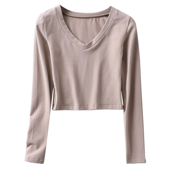 V-Neck Slim High-Waist Cropped Long Sleeve T-Shirt Top for Women - Sexy Solid Color Style, European & American Fashion