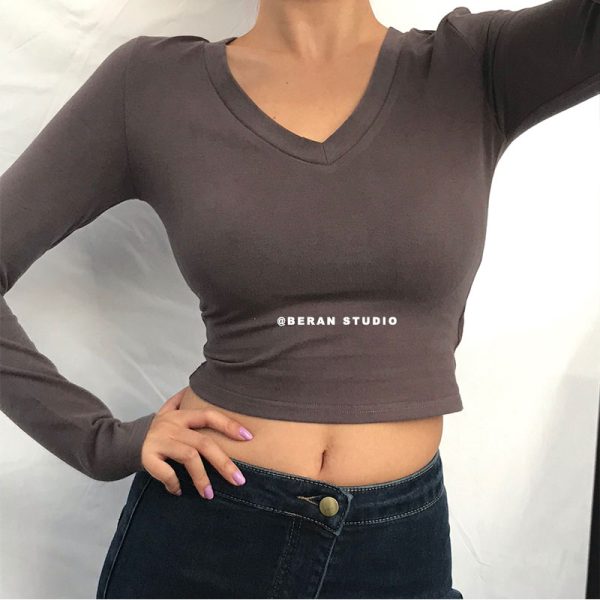V-Neck Slim High-Waist Cropped Long Sleeve T-Shirt Top for Women - Sexy Solid Color Style, European & American Fashion
