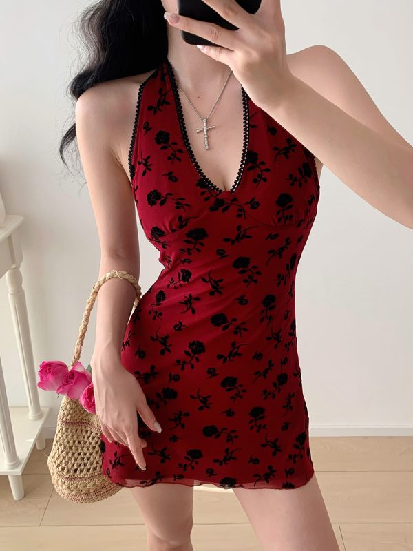 V-Neck Wine Red Floral Tie Neck Sling Dress - Sexy Hot Girl Style for Women, Trendy 90s Inspired Fashion