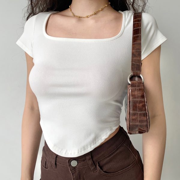 Versatile Basic Curved Hem Square Neck Fitted Short Sleeve T-Shirt for Women - Summer Casual Top, Perfect for Y2K Style
