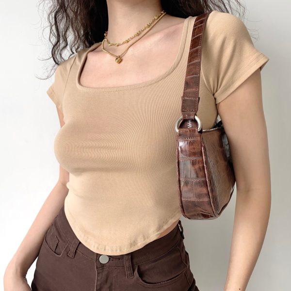 Versatile Basic Curved Hem Square Neck Fitted Short Sleeve T-Shirt for Women - Summer Casual Top, Perfect for Y2K Style