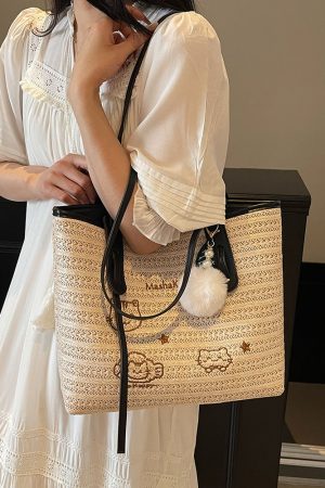 Versatile Cartoon Single-Shoulder Beach Bag for Women - Large-Capacity Straw Tote for Summer 2025 Beach Vacation Style