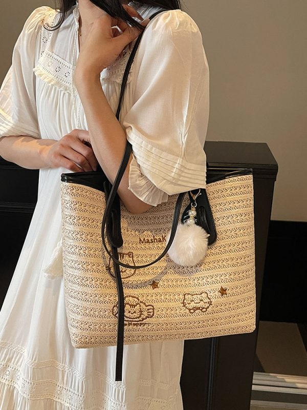 Versatile Cartoon Single-Shoulder Beach Bag for Women - Large-Capacity Straw Tote for Summer 2025 Beach Vacation Style